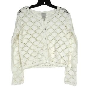 MODA INT'L White DIAMOND CROCHET Button-Up CROPPED CARDIGAN SHRUG Sz XS